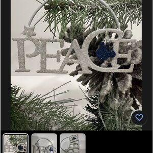 Disney Vintage Mickey White Glitter Ornament PEACE Christmas 31/2x21/2"